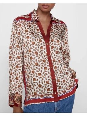 Zara Paisley Floral Printed Satin Button Front Shirt Blouse Women's size Medium